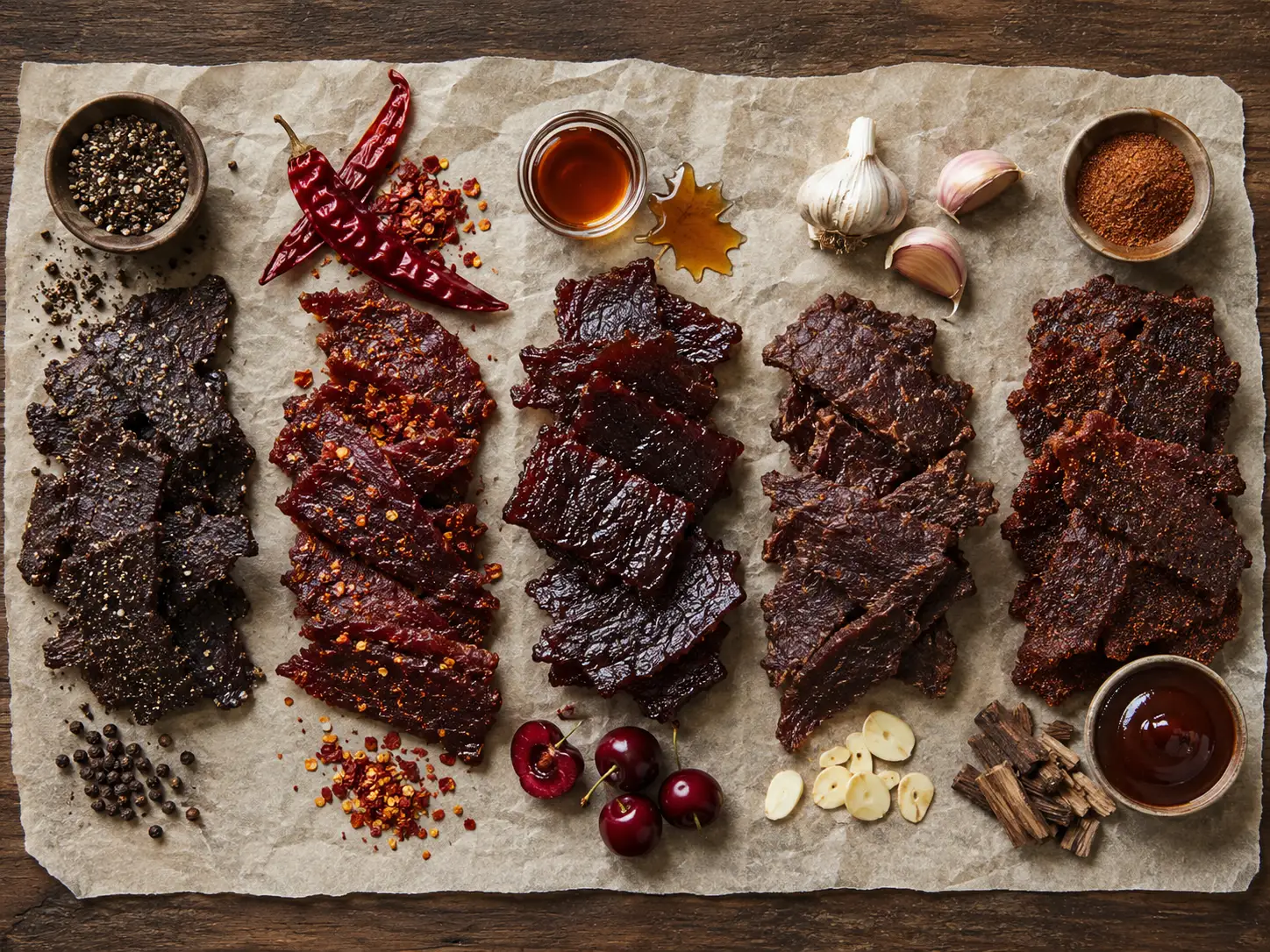 A board of Buc-ee's beef jerky flavors arranged for a taste comparison
